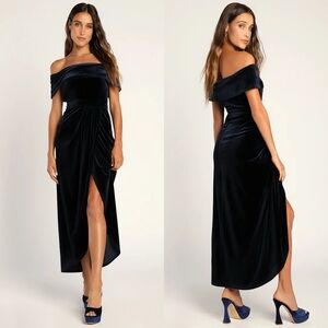 NWT Lulus I'm Enchanted Navy Blue Velvet Off-the-Shoulder Maxi Dress